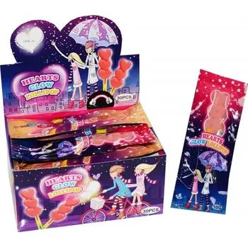 Bonbon Ovocné lízátko HEARTS LOLLIPOP - 10 g - se svítící TYČKOU (balení 30 ks) - VÝPRODEJ !!! DMT: 8/2025 (Lízátko srdíčka / LUMINOUS STICK / Lízátko se zářící tyčkou - svítí po zlomení)