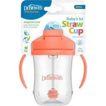 Kojenecká láhev Dr Brown's Hrneček s brčkem První slámka korálový 6m +, 270 ml