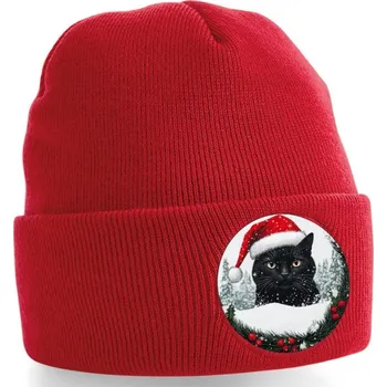 Čepice ON-DESIGN Zimní vánoční čepice s Černým kocourem Barva: červená
