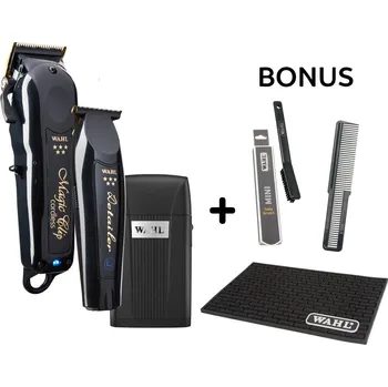Strojek na vlasy AKCE: Wahl Barber Combo Black - set aku. strojků a Super Close - shaver + olej na mazání, 200 ml + stlačený vzduch, 400 ml + podložka Wahl + mini fade brush + hřeben