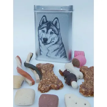 Chovatelství Husky - plechová dóza s pamlsky pro psy (30 kusů pamlsků)