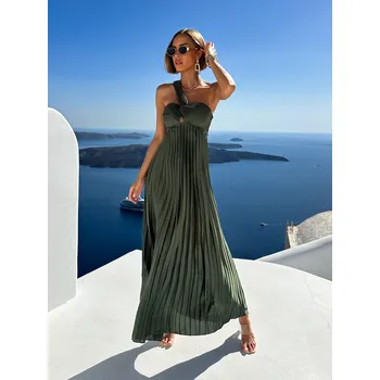 Dámské šaty Khaki elegantní šaty TOKIA přes jedno rameno Velikost: ONESIZE