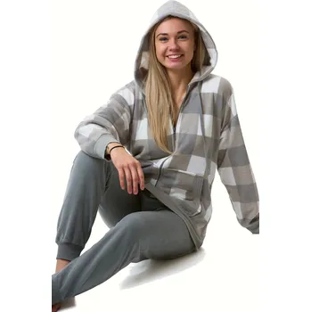 Dámské pyžamo Šedé kostkované hřejivé sportovní dámské pyžamo s kapucí na zip 1Z1698 šedá s