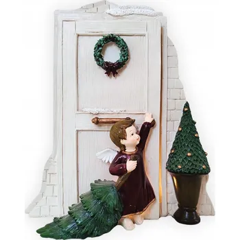 Vánoční dekorace Figurka anděl u dveří s LED osvětlením červená 25,4x23x11,3 cm