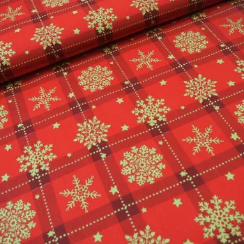 Vánoční bavlněná látka Zlaté vločky obšití okrajů a našití stužky 150