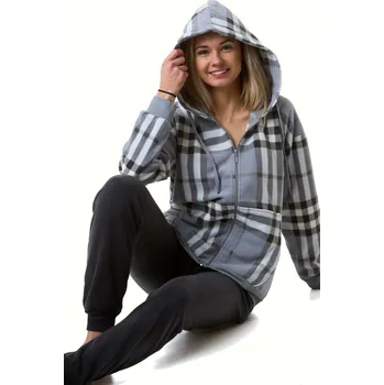 Dámské pyžamo Šedé a bílé kárované hřejivé dámské pyžamo s kapucí na zip 1Z1514 šedá xl
