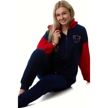 Dámské pyžamo Tmavě modré a červené super hřejivé dámské pyžamo s kapucí na zip medvídek 1Z1621 modrá xxl