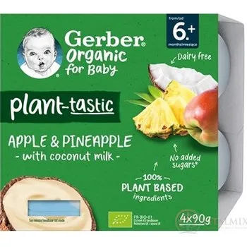 Dětská výživa Gerber Organic Rostlinný dezert Jablko a ananas s kokosovým mlékem (od ukonč. 6. měsíce) 4x90 g