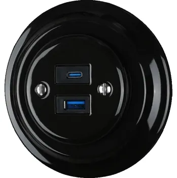 vypínač VINTAGE zásuvka USB A+C černá komplet kulatá keramika K1-ACUSBA