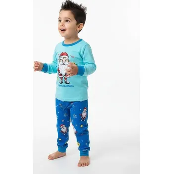 Dětská móda KUGO Dětské vánoční pyžamo se svítícím obrázkem – 100% bavlna, náplety na rukávech a nohavicích MP3836 Velikost: 122, Barva: Sv.modrá