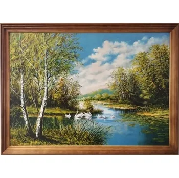 Obraz Bondecor Obraz "Labutě - v dřevěném frézovaném rámu, 70x50cm