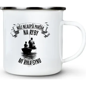 Můj nejlepší parťák na ryby, mi říká synu, černý tisk - Plechový hrnek VELKÝ 400ml (500 ml po okraj) - 400 ml