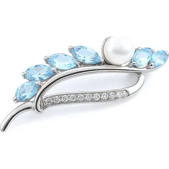 Brož JKB Jewel Stříbrná brož s přírodním modrým topazem a perlou