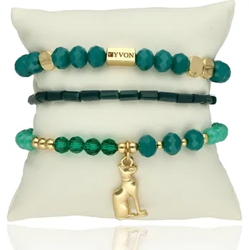 Náramek Sada tří náramků YVON s fasetovanými korálky a přívěskem kočky