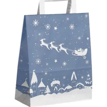 Dárková taška Taška papírová vánoční ploché ucho 220 x 100 x 280 mm, modrá, saně