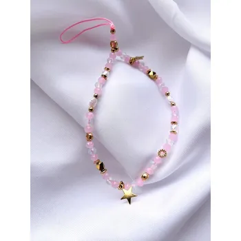 Řetízek B-TOP Řetízek na mobil s růžovými a zlatými korálky a přívěsky hvězd Průhledná