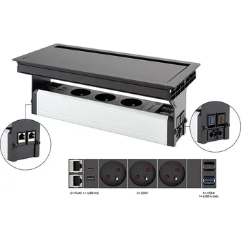 Elektrická zásuvka VERSALOGIC VersaFlap Mono 2.0, 3x 230V, 2x RJ45, 1xHDMI, 1xUSB A/C, 1xUSB data, černá matná