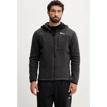 Pánská mikina Sportovní mikina Jack Wolfskin KAMMWEG PILE pánská, černá barva, s kapucí, hladká, 1711271 90X, vel. S