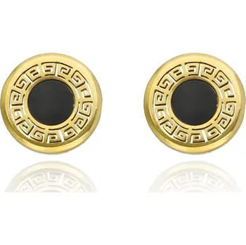 Náušnice Pozlacené kruhové náušnice YVON z chirurgické oceli s černým středem a řeckým vzorem