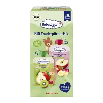 Babydream BIO Ovocné příkrmy Mix Hruška, kiwi, jablko + jahoda, banán, jablko 360 g