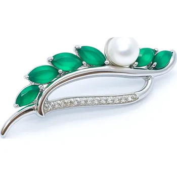 Brož JKB Jewel Stříbrná brož s přírodním zeleným achátem a perlou