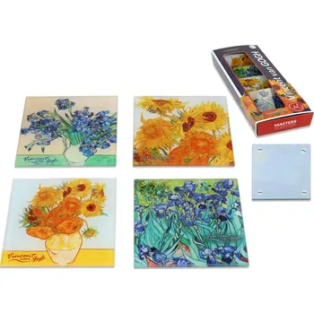 Carmani® Carmani - Sada 4 skleněných tácků pod skleničky, V. van Gogh v dárkovém balení - 4*10,5*10,5 cm