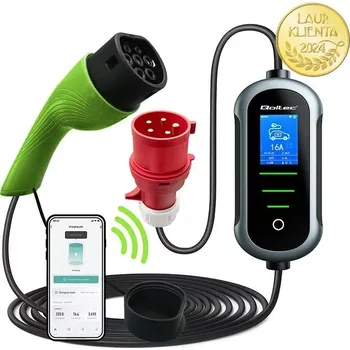 Elektromobilita Qoltec 52437 Mobilní nabíječka Qoltec 2 v 1 Typ 2 – 22kW | 400 V | Wi-Fi | TUYA | SMART LIFE | Nastavitelný proud | 7 m kabel (Mobilní třífázová nabíječka Qoltec s konektorem Typ 2 a 5pinovou zástrčkou 32 A. Umožňuje nabíjení elektromobilu z jedno- i)