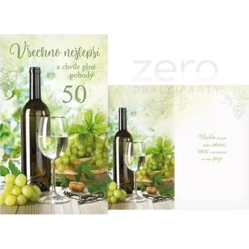 Přání s textem narozeninové 50 + obálka - víno