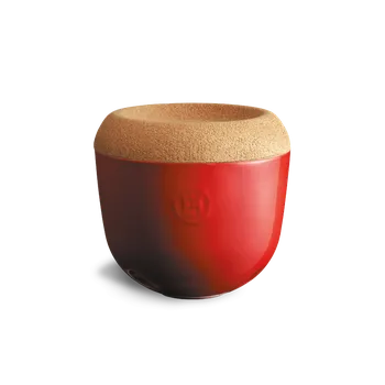 Dóza na potraviny Mísa na uskladnění česneku a cibuli 1l Burgundy granátová červená - Emile Henry (Miska na skladování česneku s korkovým víkem 1l červená Burgundy - Emile Henry)