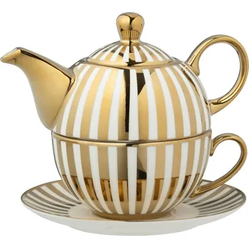 Bílo-zlatý pruhovaný Tea for One v dárkové krabičce - 16*14*13 cm / 420 ml