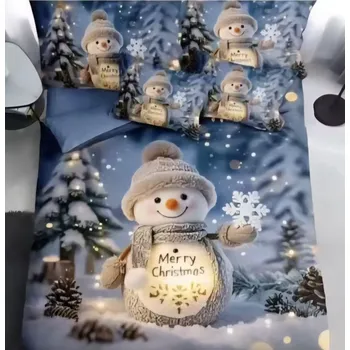 Povlečení Novinka 2025! Sada vánočního Bavlněného povlečení na Francouzskou přikrývku 200x220/70x90 cm – s 3D efektem , MERRY CHRISTMAS VÁNOČNÍ - SNĚHULÁK SVÍTÍCÍ + prostěradlo ZDARMA!