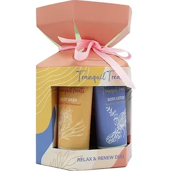 Kosmetická sada The Indulgent Bathing Co. Tranquil Treats dárková sada sprchový gel 50ml + tělové mléko 50 ml + mycí houba