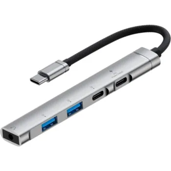 OTG-019X 5v1 hub - 3,5 mm jack / 2x USB-C / 2x USB-A na USB-C - stříbrný