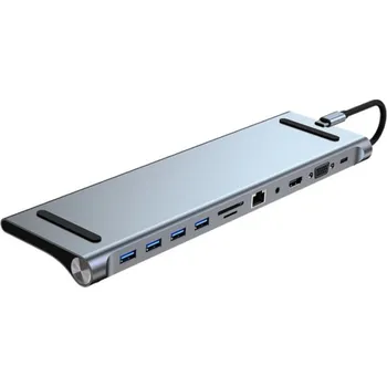 BYL-2003 11v1 hub - slot na SD / TF kartu / RJ45 / HDMI / VGA / 3,5 mm jack / USB-C / 4x USB-A na USB-C pro MacBook - šedý