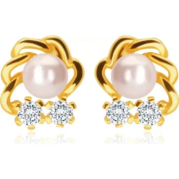 Náušnice Náušnice ve žlutém zlatě 585 - bílá perla, dva čiré zirkony, zvlněná kontura obláčku