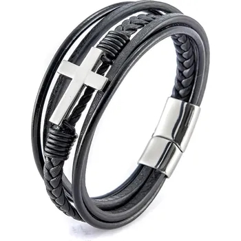 Náramek Stylový kožený náramek s křížkem Leather VBS001SB-PET Troli