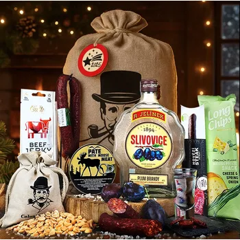 Dárkový potravinový koš Dárkové balení se slivovicí pro muže | Dárkový koš se slivovicí