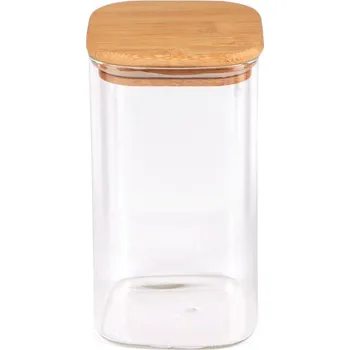 Dóza na potraviny Skleněná dóza s bambusovým víkem, hranatá, střední, transparent