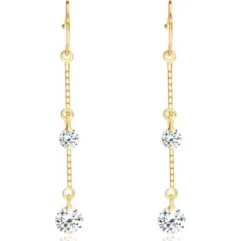 Náušnice Visací zlaté náušnice 585, dva kulaté čiré zirkony na řetízcích