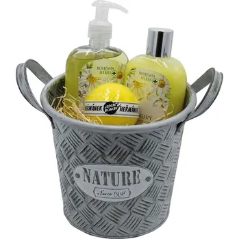 Dárkový potravinový koš Dárkový plechový box – kosmetika s heřmánkem