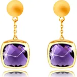 Zlaté 14K náušnice - matná polokoule s řetízkem, fialový ametyst ve čtvercové objímce