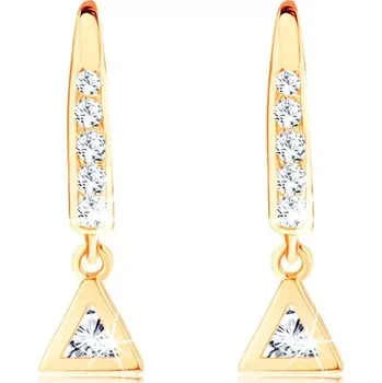 Náušnice Náušnice ve žlutém 14K zlatě - háček vykládaný zirkony, trojúhelník s čirým středem