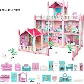 ostatní stavebnice Růžový domeček pro panenky 521 x 406 x 476 mm Devítipokojový plastový dům s kuchyní Nábytkem Pejskem Stromy Houpačkou a doplňky Velký domek pro děti