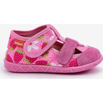 Dětské pantofle Milami na suchý zip s jahodami růžové Reathiana 30