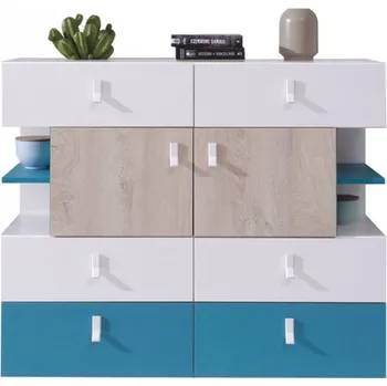 Komoda Legimi LG08, Barva: bílý / dub + modrý MIRJAN 5903211039768