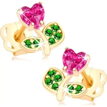 Náušnice Náušnice ze žlutého 14K zlata - kvítek zdobený růžovým a zelenými zirkony