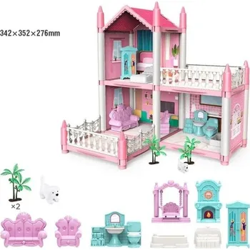 ostatní stavebnice Růžový domeček pro panenky 342 x 352 x 276 mm Třípokojový plastový dům s nábytkem Pejskem Houpačkou a doplňky Kreativní hračka pro děti