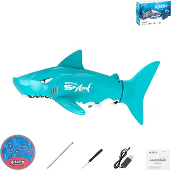 RC model auta RC žralok 35×14×10 cm Dálkově ovládaná ryba do vody 2 rychlosti 360° rotace Vodotěsná gumová izolace Simulační pohyb Realistická hračka modrá