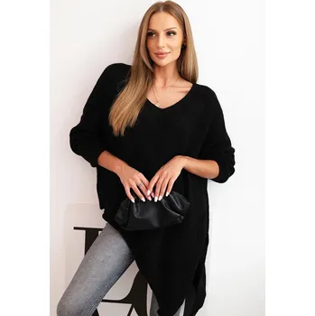 Dámský svetr Asymetrický vlněný svetr s výstřihem do V/barvy Barva: Černá, Velikost: universal