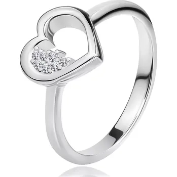 Prsten Stříbrný prsten 925 - obrys srdce s čirým kulatým zirkonem - Velikost: 52